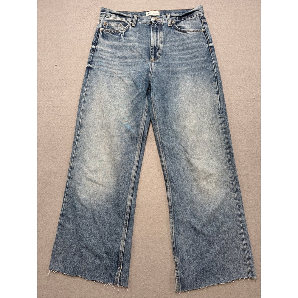 Zara Wide Leg Jeans Women's 8 Blue Denim High Rise Baggy Fit Medium Wash Cut Off